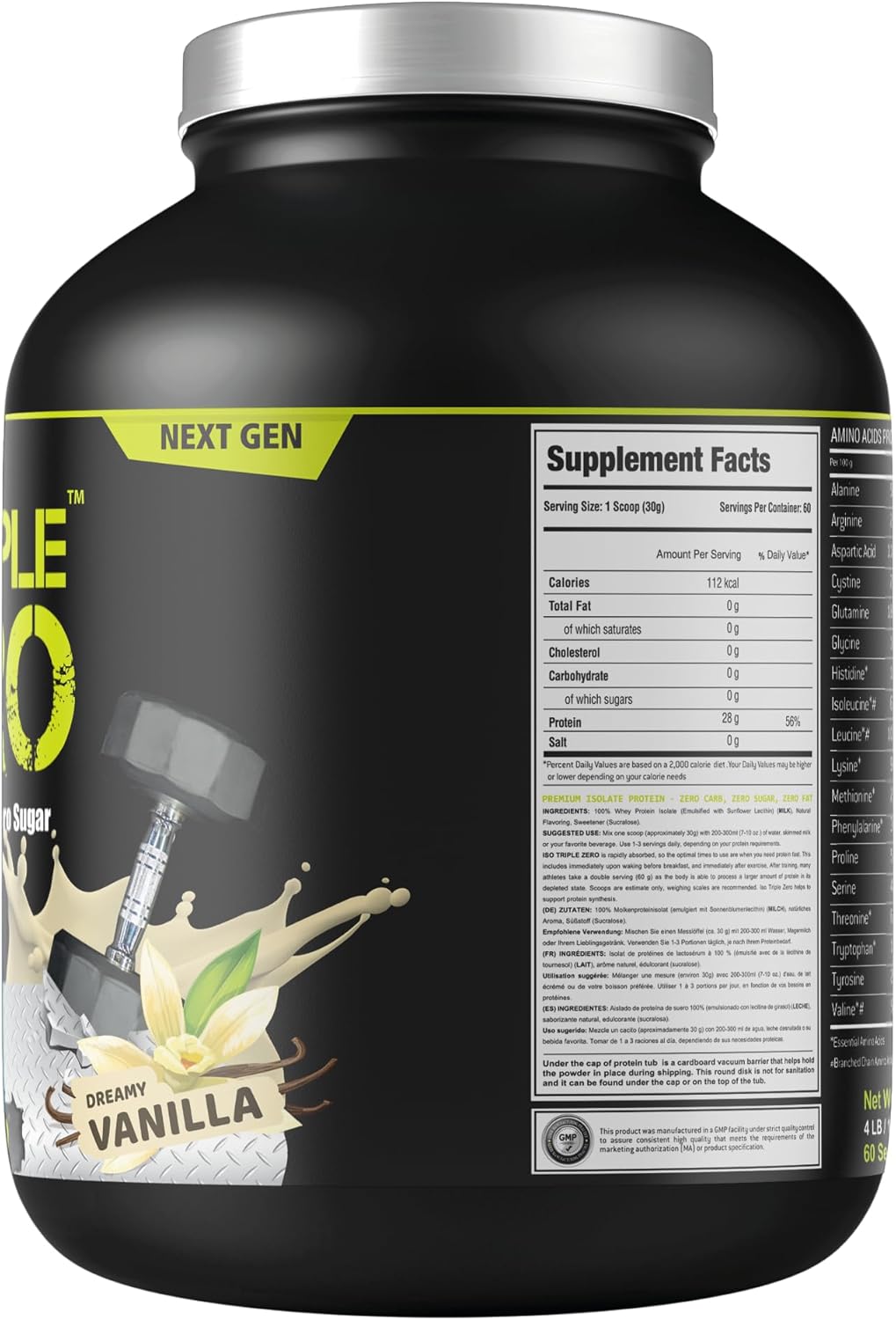 ISO Triple Zero Vanilla supplement facts label