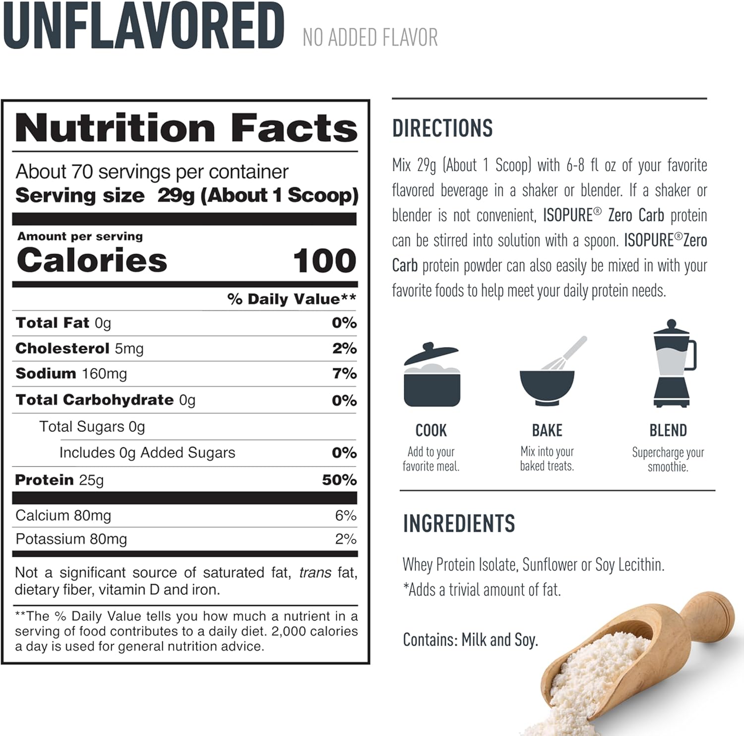 Zero Carb 100% Pure Whey Isolate Protein Powder Unflavored supplement facts label