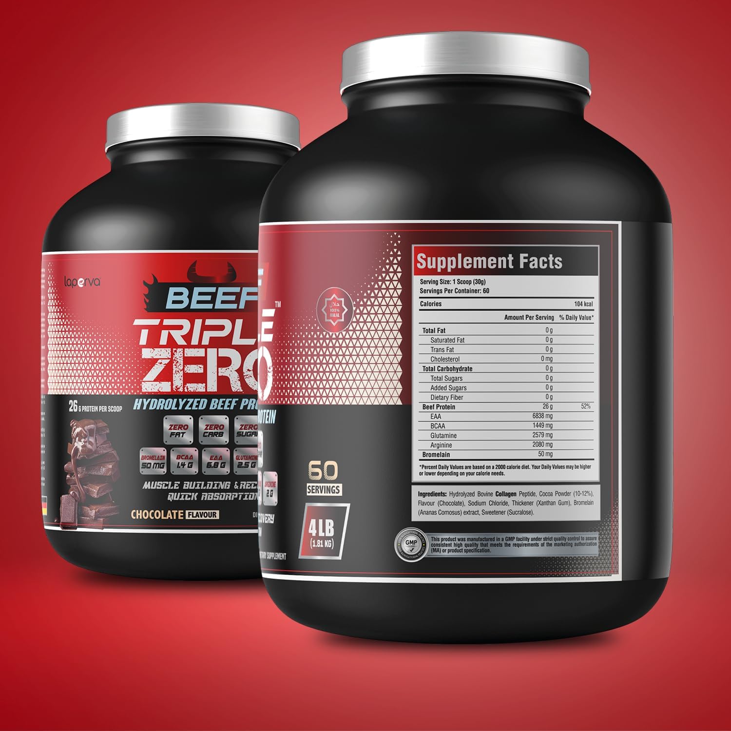 Beef Triple Zero Hydrolyzed Protein Powder Chocolate supplement facts label