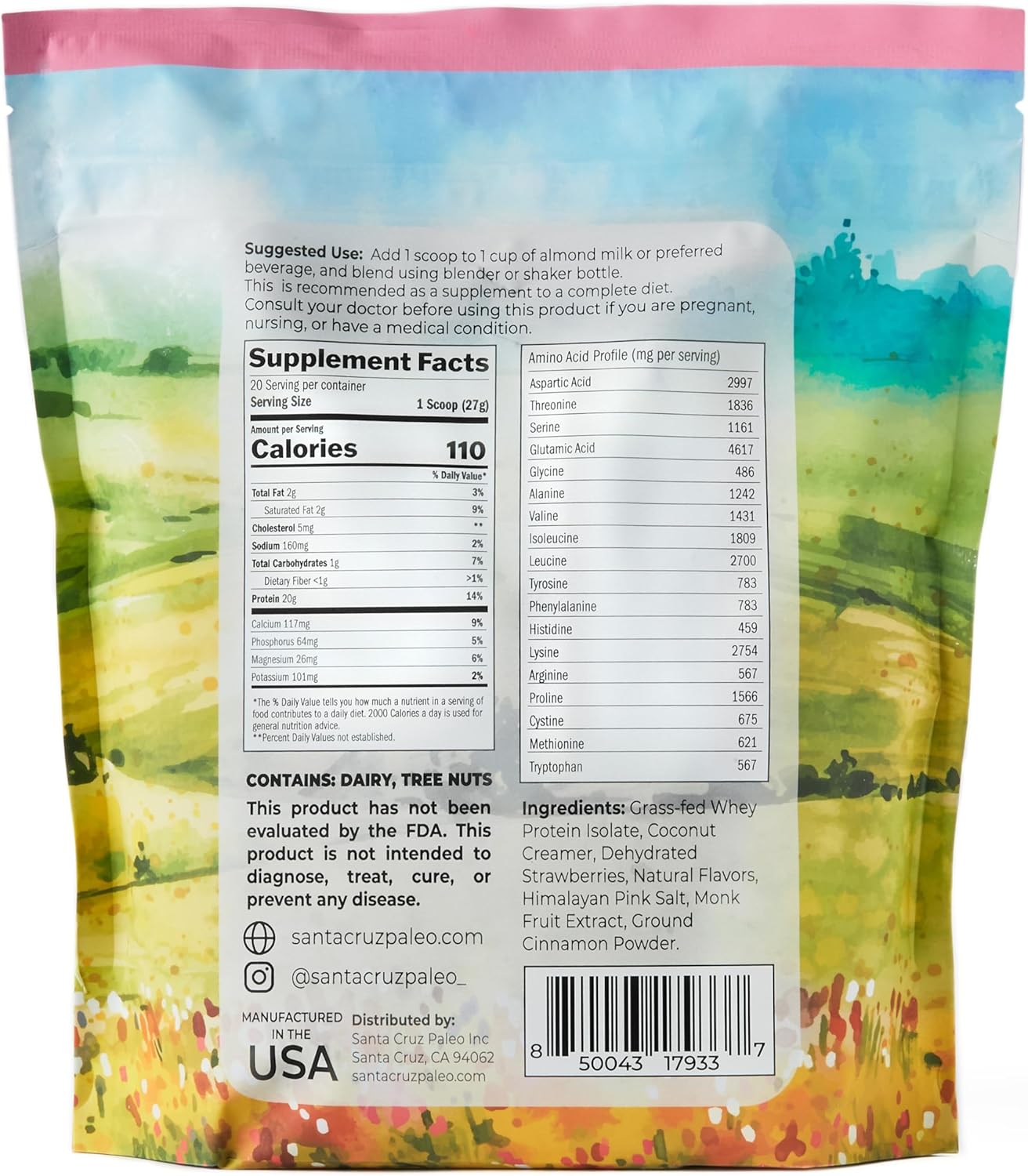 Whey Protein Powder Strawberry supplement facts label