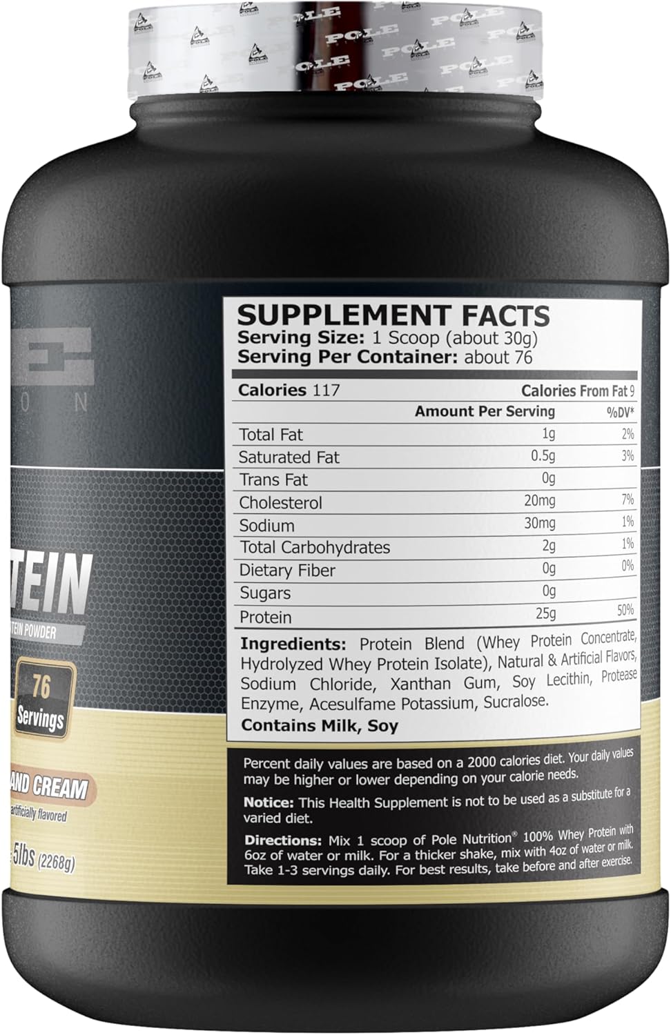 Whey Protein 100% Cookies & Cream supplement facts label