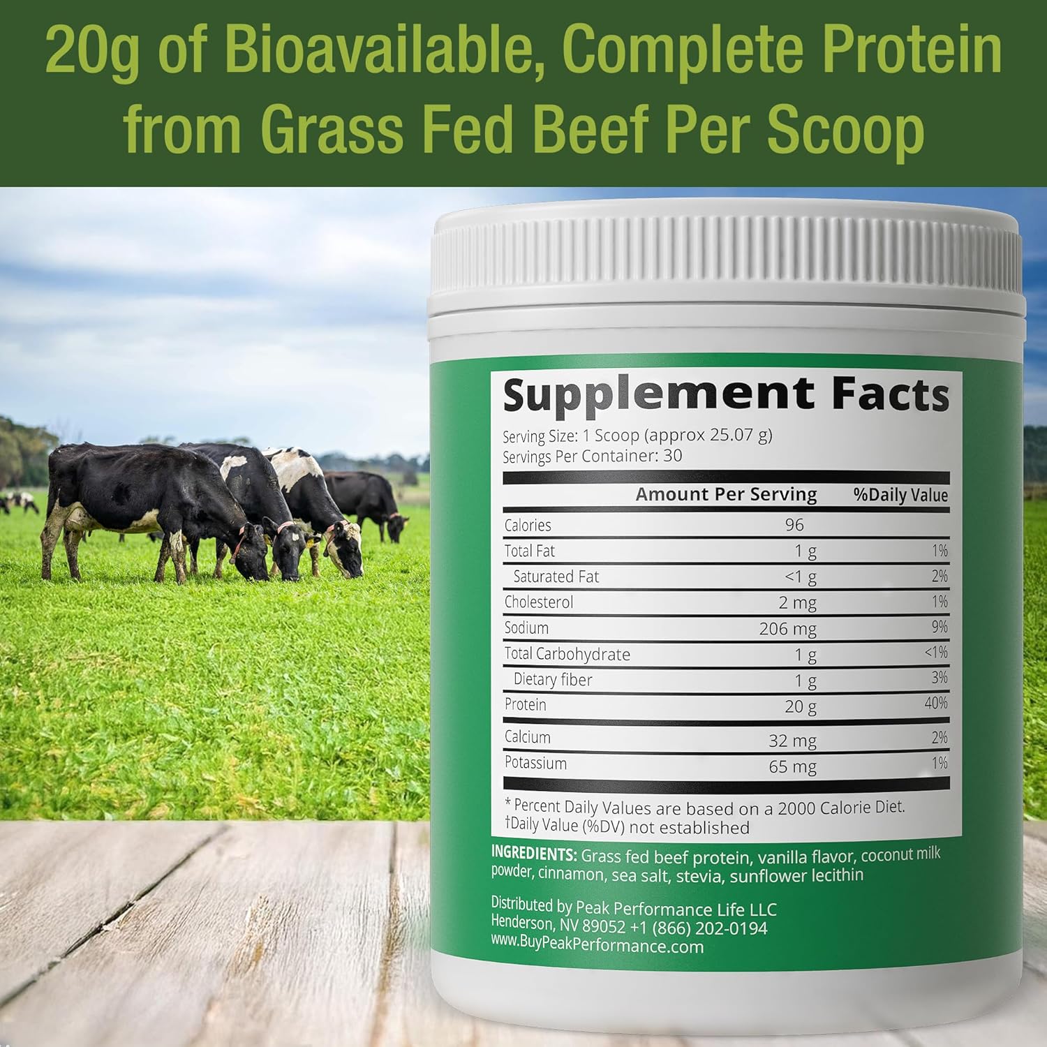 Grass Fed Beef Protein Powder Vanilla supplement facts label
