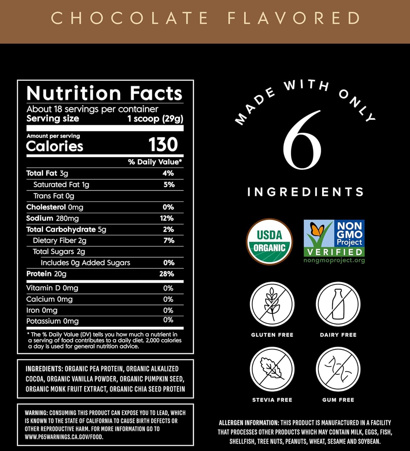 Vegan Protein Powder Chocolate supplement facts label