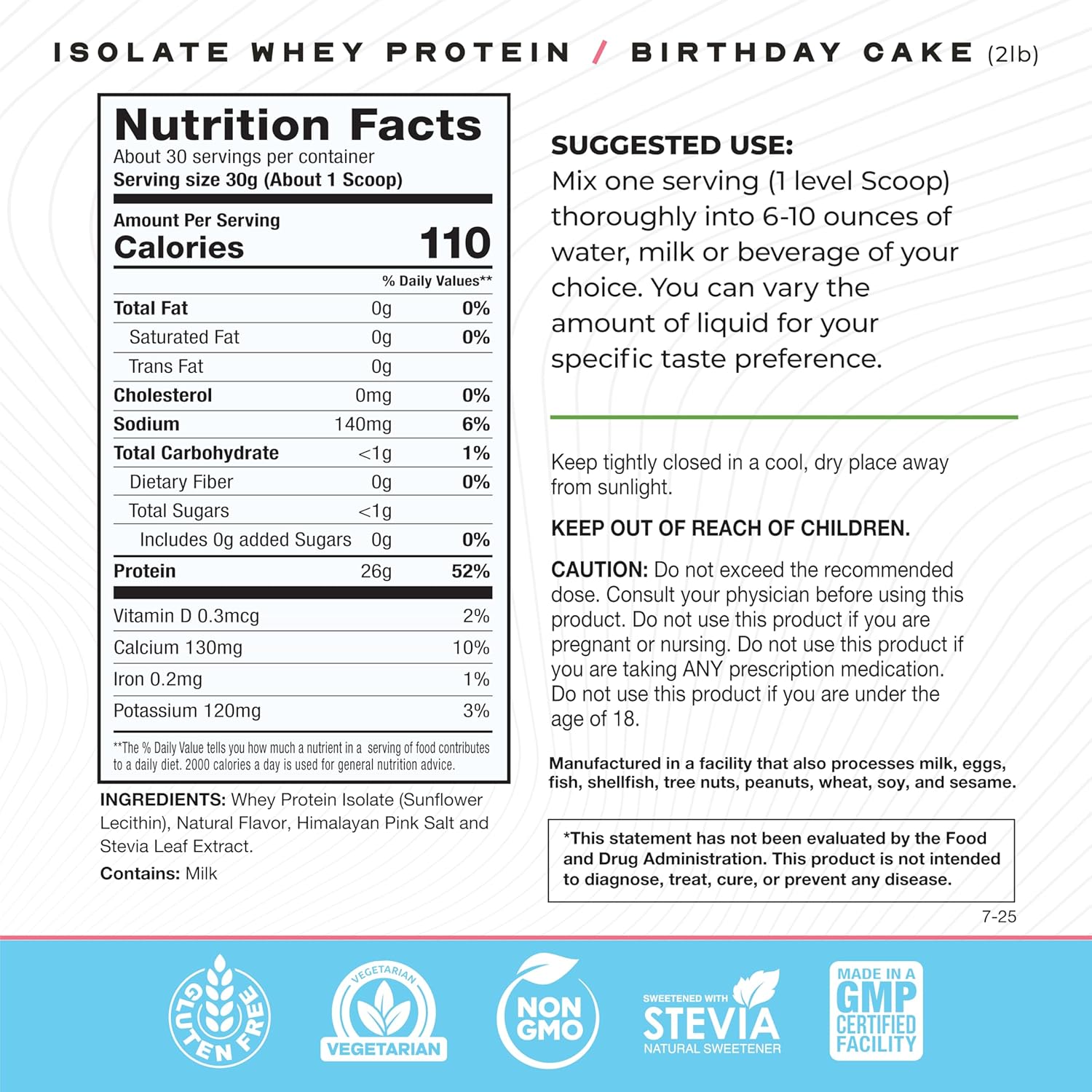 Grass-Fed Whey Protein Isolate Birthday Cake supplement facts label