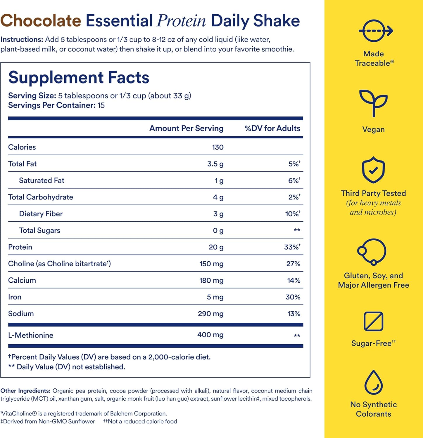 Essential Protein Daily Shake Chocolate supplement facts label